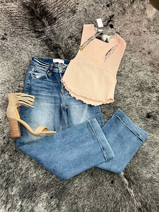 Risen Mid Rise Crop Straight With Tailored Cuffed Jeans