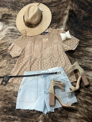 Polka Dot Print Lace Trim Short Sleeve Cotton Blouse Top