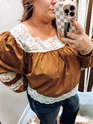 Cropped camel lace trim blouse with lace hem styled with high rise bootcut jeans, photo 4