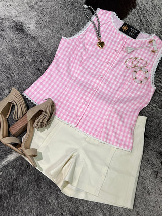 Gingham Lace Trim Button Down Vest Top
