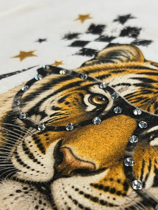 Tiger Mascot Distressed Rhinestone Terry Cloth Crop Tee