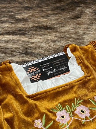Golden Brown Faux Velvet Girls Dress with Floral Embroidery