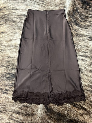 Satin Lace Hem Back Slit Pencil Midi Skirt