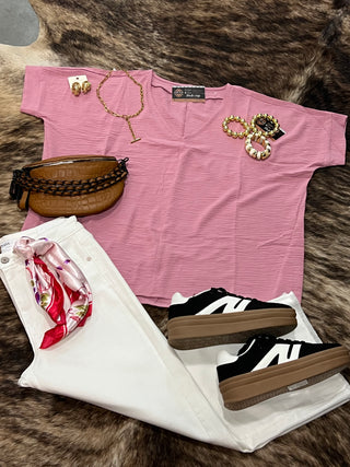 Woven Airflow V-Neck Short Sleeve Top — Rose