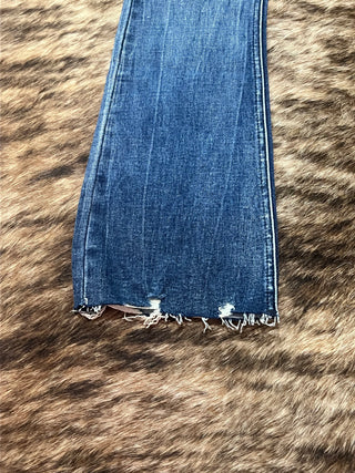 Dark wash high rise crop bootcut jeans with frayed hem, photo 4