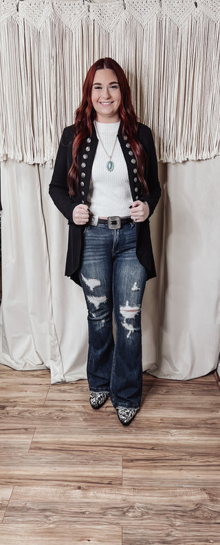 Taylor Mid Rise Dark Wash Distressed Flare