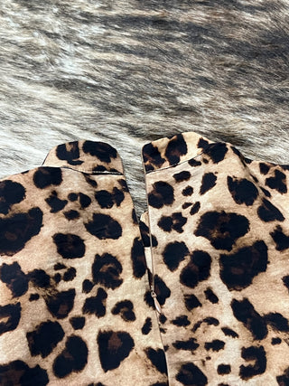 Leopard Print Ruffle Sleeve Button-Up Blouse