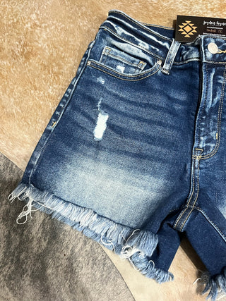 Dark Wash Distressed Denim Shorts | High Rise Raw Frayed Hem Jean Shorts