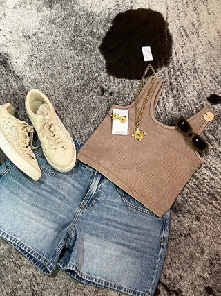 Mocha Mineral Wash Rib Tank Top