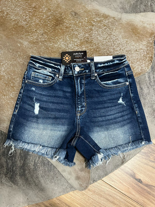 Dark Wash Distressed Denim Shorts | High Rise Raw Frayed Hem Jean Shorts