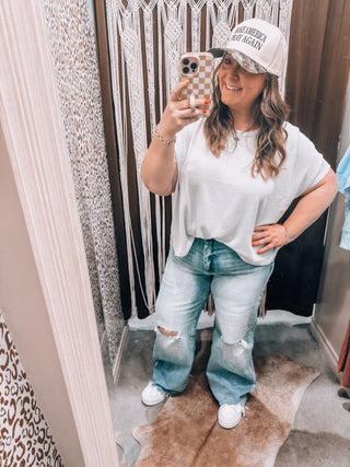 Grey Ribbed Striped Oversized Short Sleeve Top