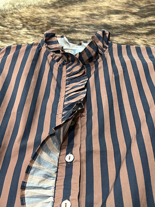 Stripe Gathered Yoke Puff Sleeve Button Down Long Sleeve