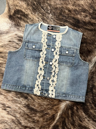 Washed denim ruffle vest