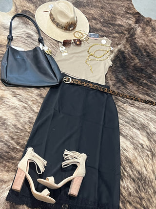 Satin Lace Hem Back Slit Pencil Midi Skirt