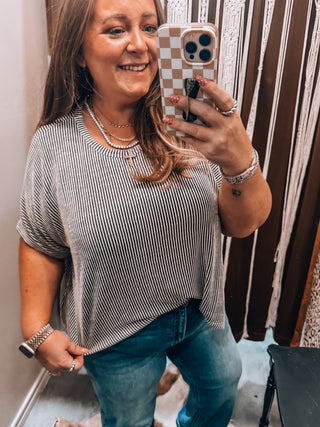 Black Ribbed Striped Oversized Short Sleeve Top