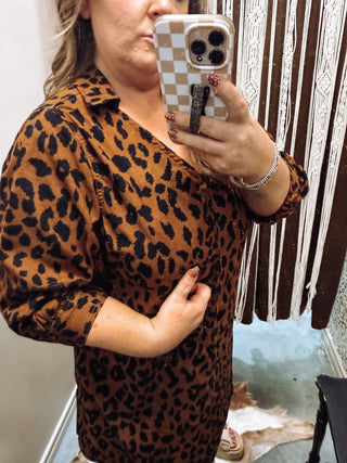 Leopard Print V-Neck Pocket Midi Dress