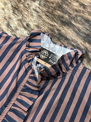 Stripe Gathered Yoke Puff Sleeve Button Down Long Sleeve