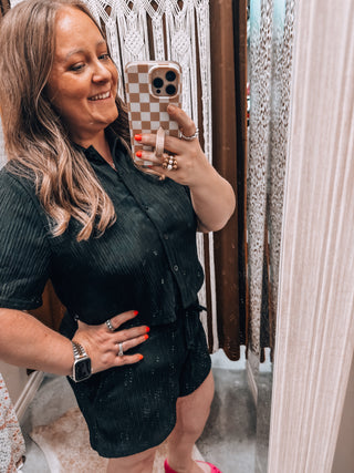 Crinkled Plisse Button Down Shorts Set