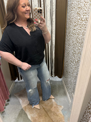 Black Woven Split Neck Top