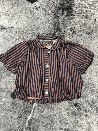 Stripe Gathered Yoke Puff Sleeve Button Down Top