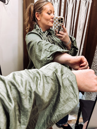 Olive Satin Look Tie Neck Balloon Sleeve Top