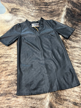 Ruffled V-Neck Faux Leather Shift Dress