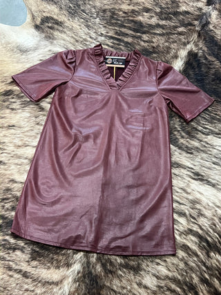 Ruffled V-Neck Faux Leather Shift Dress
