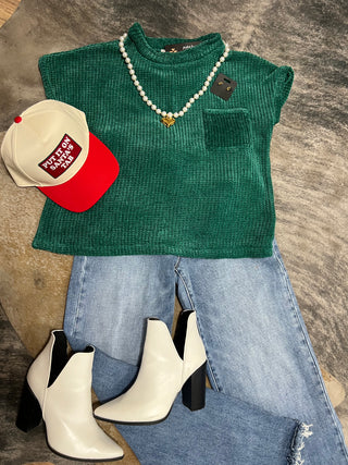 Hunter Green Chenille Short Sleeve Sweater