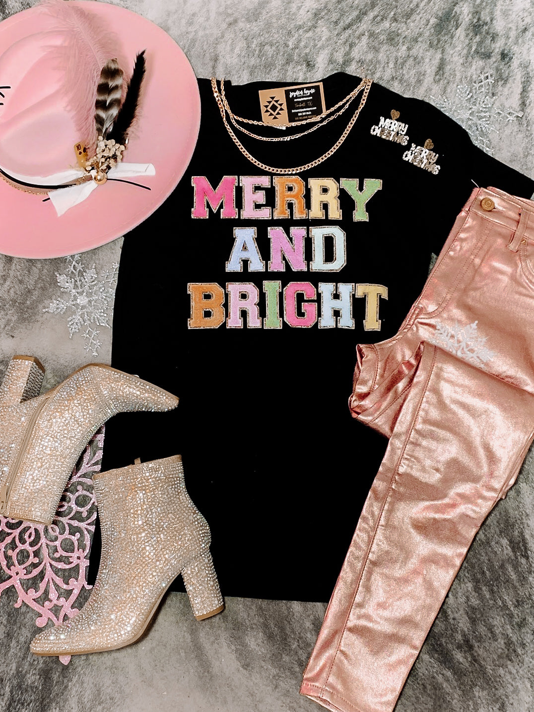 Merry & Bright faux chenille letter tee