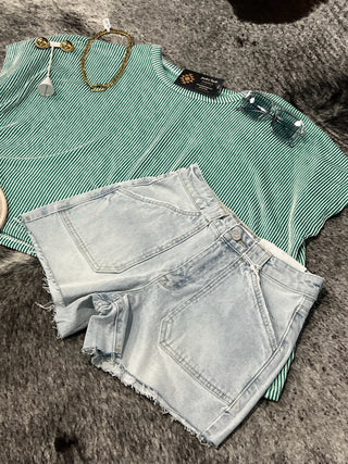 High Rise Patch Pocket Denim Shorts with Frayed Hem