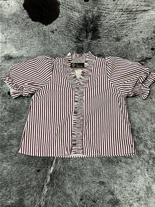 Plus Stripe Smocked V-Neck Puff Sleeve Top