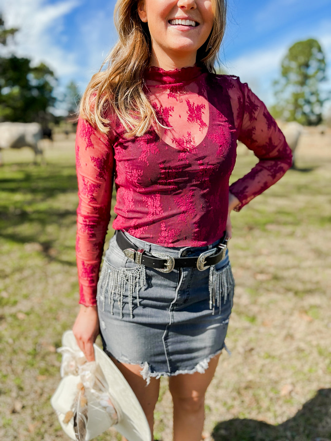 Alexia burgundy lace mesh top