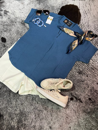 Dusty Blue Woven Split Neck Top