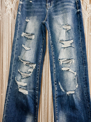 Destroyed high rise straight leg jeans