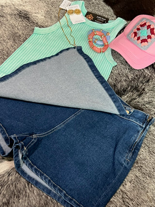 Stretch Denim Wrap Skort