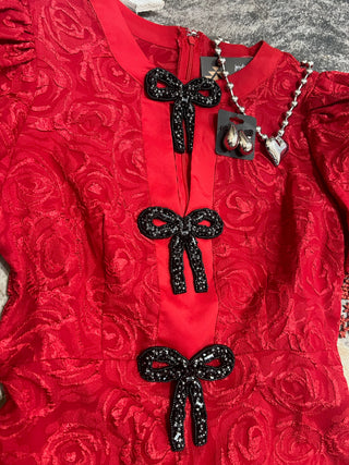 Red jacquard puff sleeve bow dress