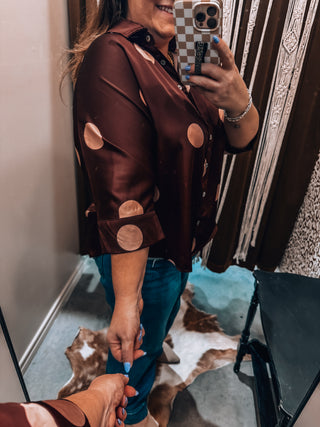 Oversized Burgundy Polka Dot Button Down Top