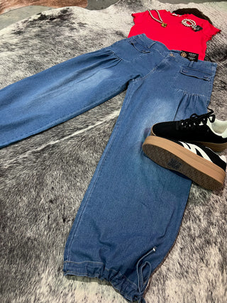 Curvy ankle drawstring wide leg jeans