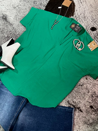Kelly Green Woven Split Neck Top
