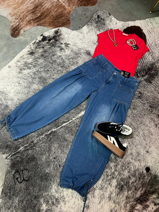 Curvy ankle drawstring wide leg jeans
