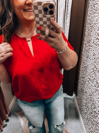 Red Woven Split Neck Top