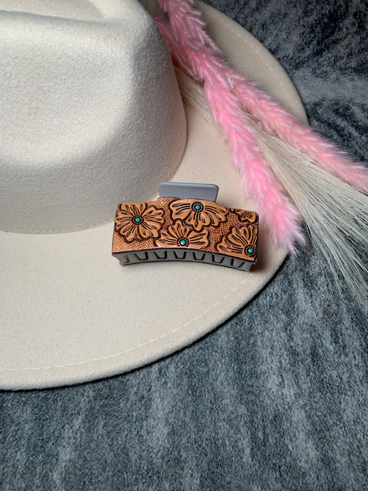 Grey Tooled Leather Claw Clip