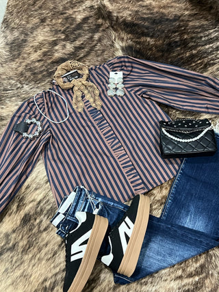 Stripe Gathered Yoke Puff Sleeve Button Down Long Sleeve