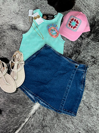 Stretch Denim Wrap Skort