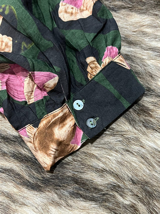 Pine Floral Print Puff Sleeve Button-Up Blouse