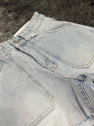 High Rise Patch Pocket Denim Shorts with Frayed Hem