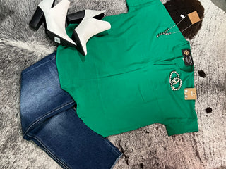 Kelly Green Woven Split Neck Top