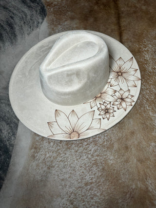 Ivory Floral Burned Wide Brim Hat