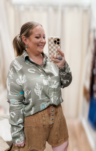 Olive Western Print Button Down