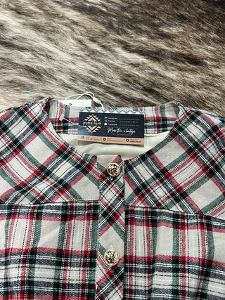 Taupe Plaid Puff Sleeve Ruffle Neck Gold Button Top